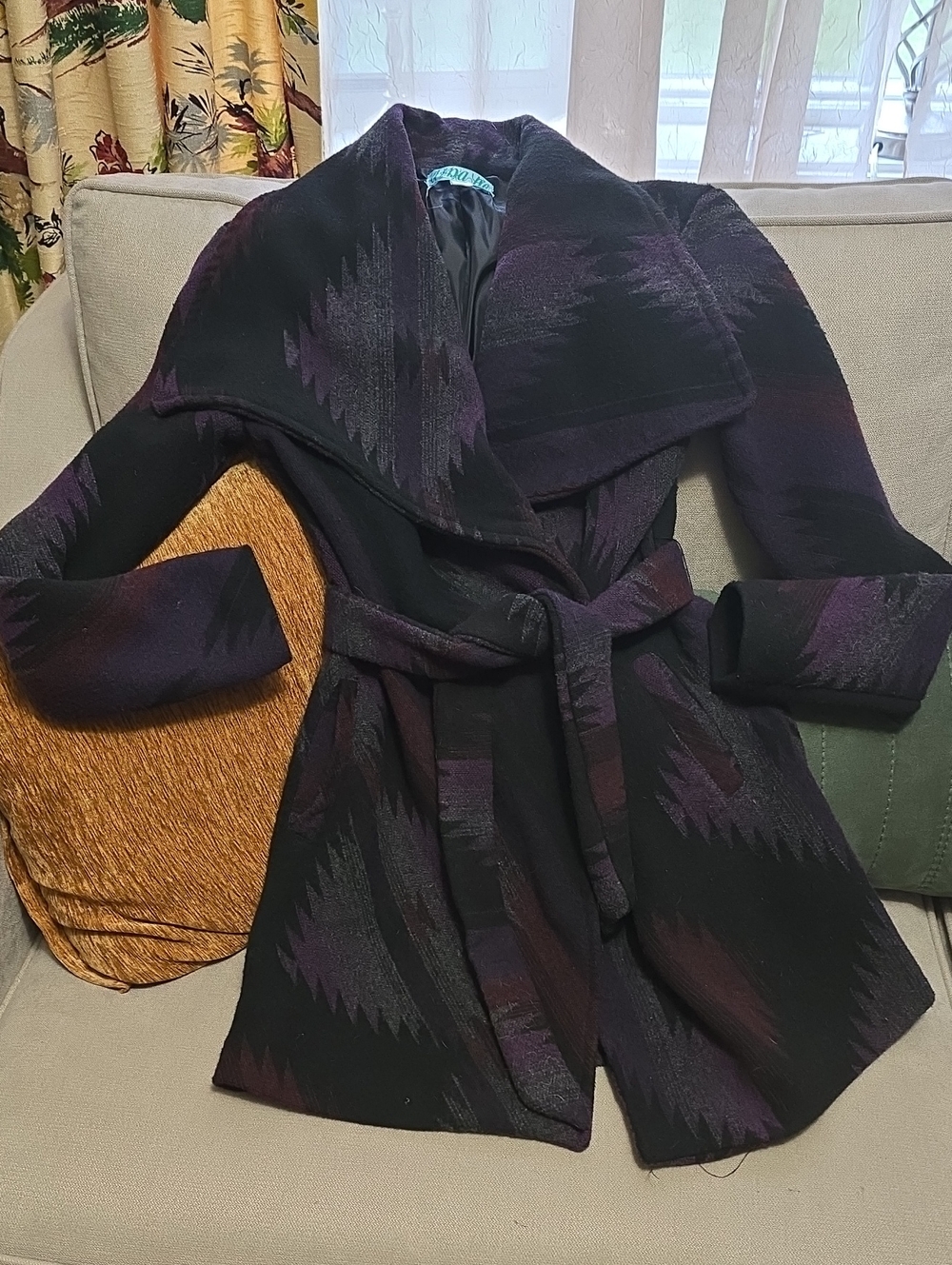 Vintage Wrap Coat, Aztec Print Purple Gray Blk Sz Small